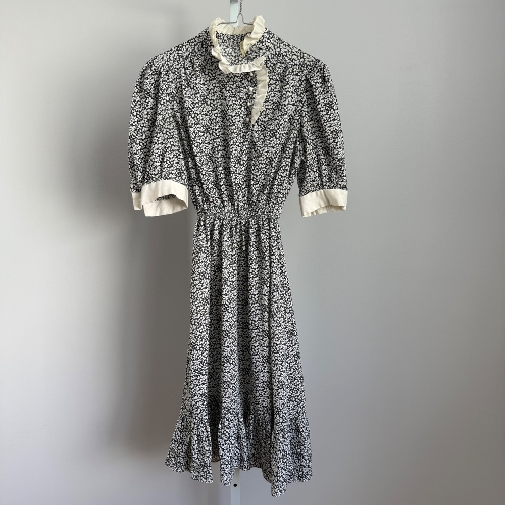 Cottage Cotton Prairie Ruffle Floral Midi Dress S Black - Picture 1 of 8